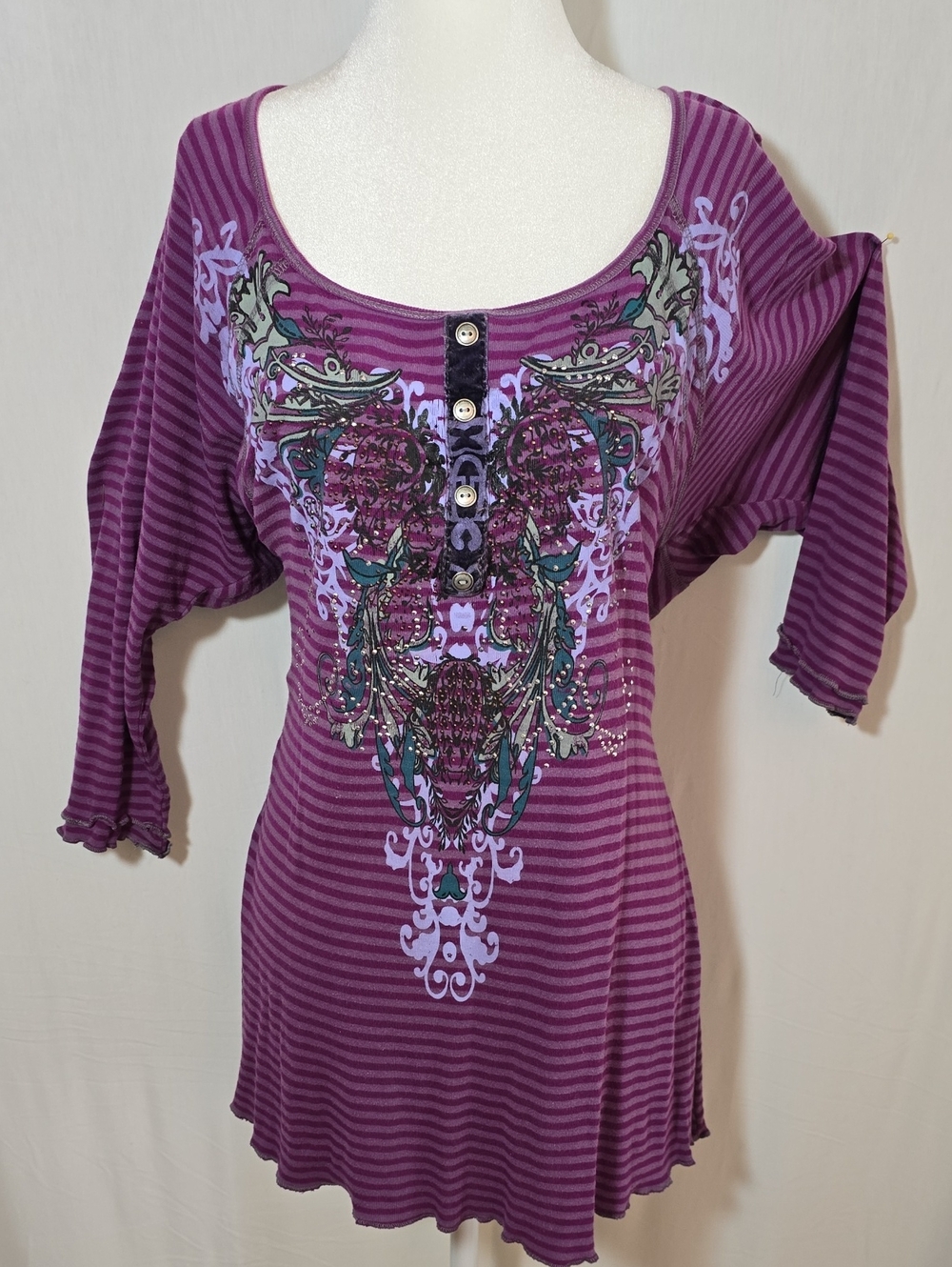 ONE WORLD Purple Striped Scoop-Neck Tunic with Front Print And Beading